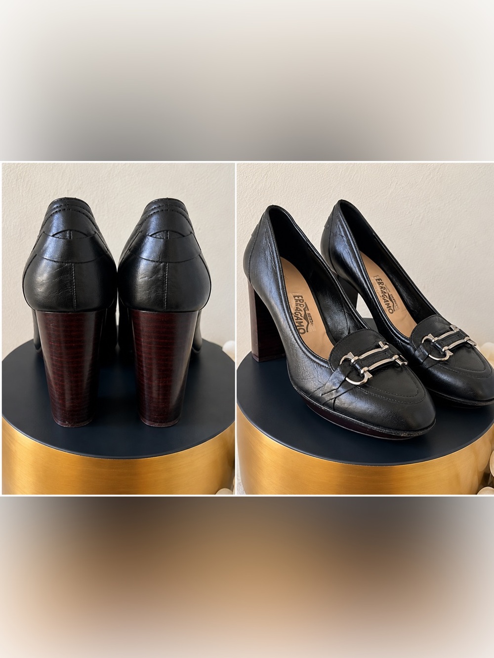 NWOT Ferragamo Horsebit Loafer Heels Shoes Black 4” Pumps Platform Heels 10 B